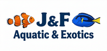 Logo of J&F Aquatic & Exotics with two fish illustrations on a white background